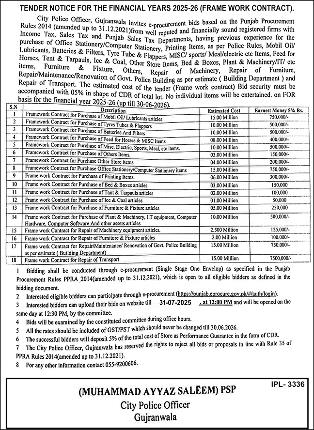 Police Department Gujranwala Tender Notice